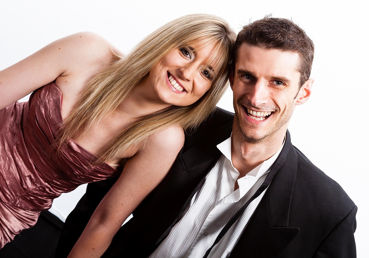 couple, smiling, formal, black tie, woman, man, smiling couple, happy, people, together, smile, male, two, caucasian, relaxed, romance, fun, romantic